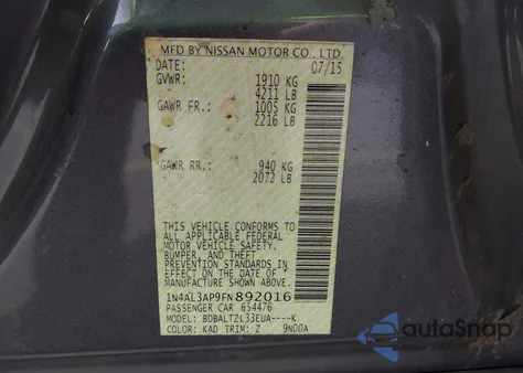 2015 Nissan Altima 2.5 Sl z USA, uszkodzony, nr VIN 1N4AL3AP9FN892016